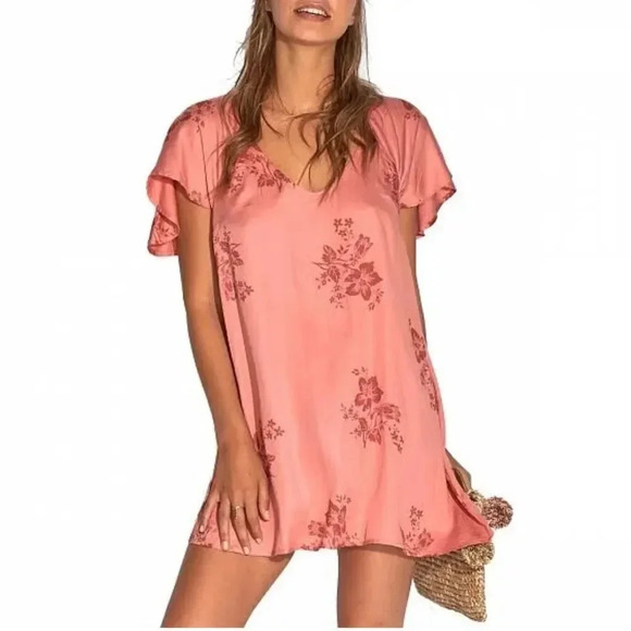 BILLABONG FINE FLUTTER SLEEVE VALLETTA MINI DRESS DEEP CORAL SIZE SMALL - Picture 1 of 12
